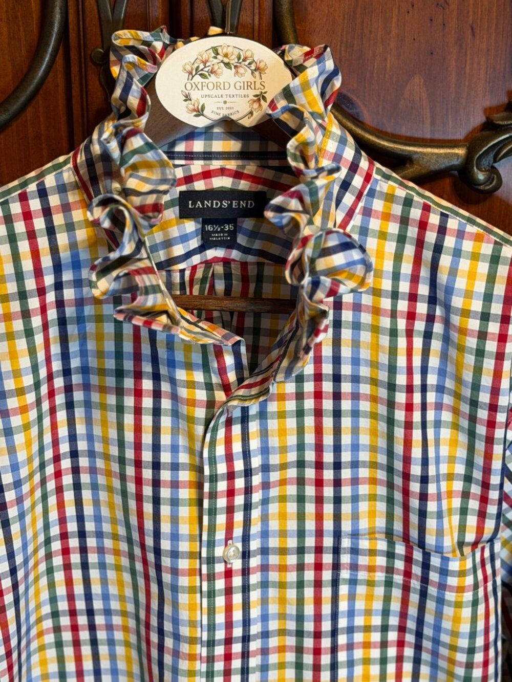 Upcycled Lands End Colorful Plaid Ruffle Collar Blouse  XL